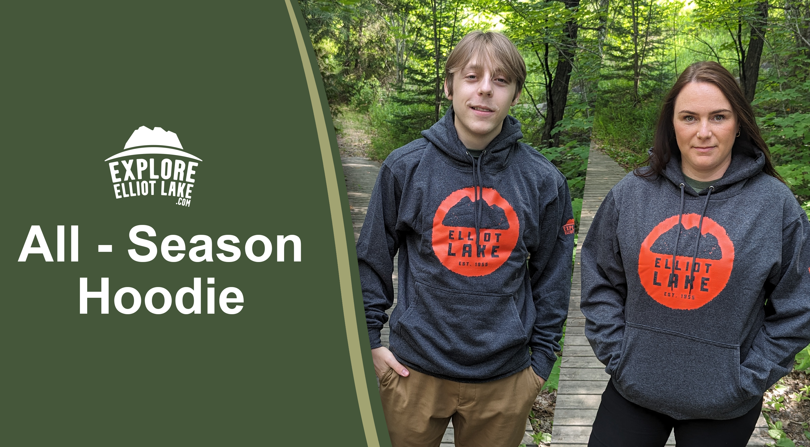 man and woman wearing elliot lake hoodie