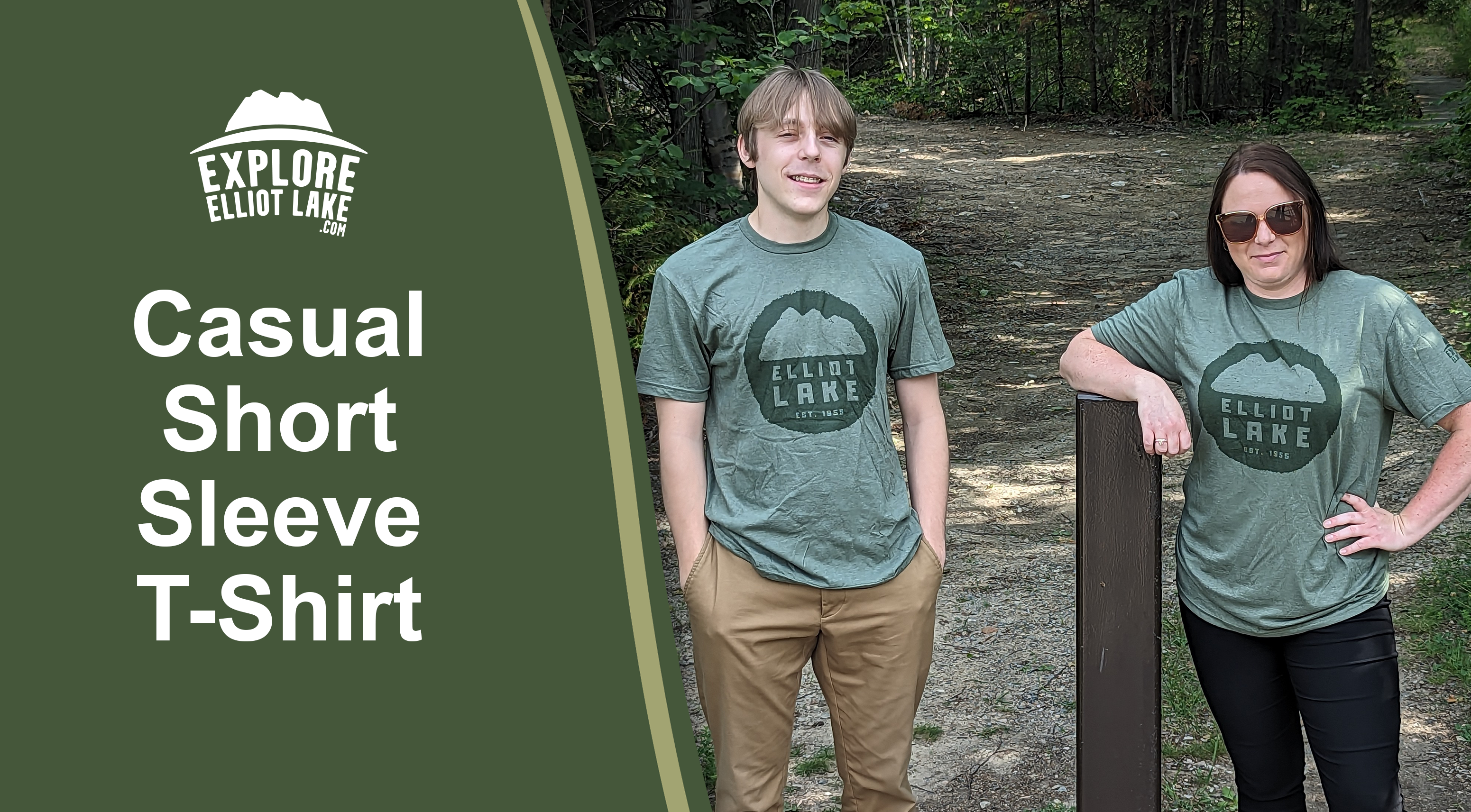 man and woman in woods wearing elliot lake t shirt